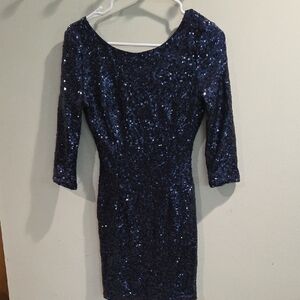 Lulu's Midnight Blue Sequin Long Sleeve Dress Great For Holidays!